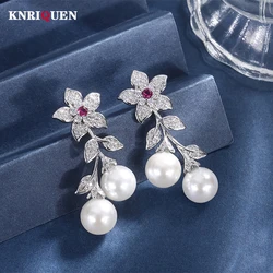 Charms 10mm White Big Pearl Ruby Emerald Drop Earrings for Women Elegant Party Wedding Fine Jewelry Gift Accessories Statement