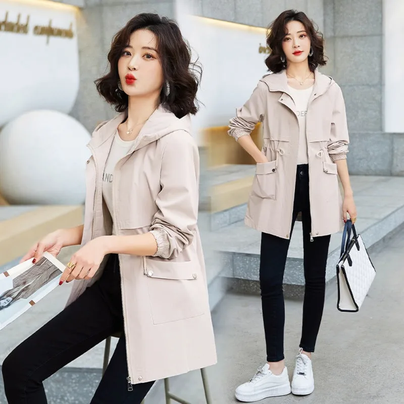 

Spring Autumn Women's Windbreaker Coat Korean Casual Waist Hooded Jacket OL Work Commuter Zipper Jacket Overcoat Streetwear