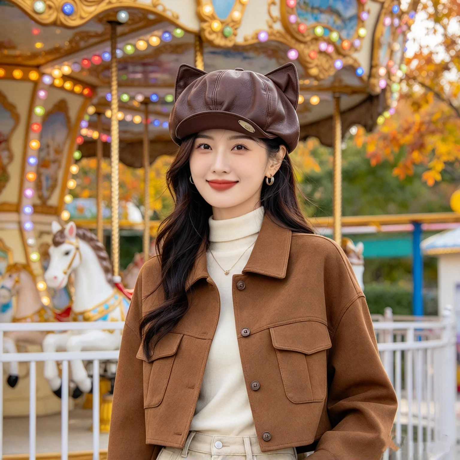 Women's Retro Faux Leather Cat Ear Newsboy Hat with Unique 3D Cat Ear Metal Badge Design, Suitable for Autumn and Winter, Everyday Wear, Amusement Park Outings, and Photo Shoots
