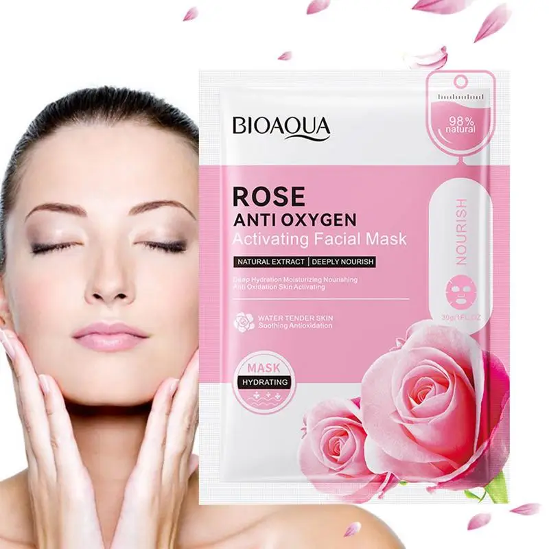 Lençol Facial Rosa Natural para Hidratação e Nutrição, Cuidado da Pele Descascante, Máscara Facial com Extratos de Rosa