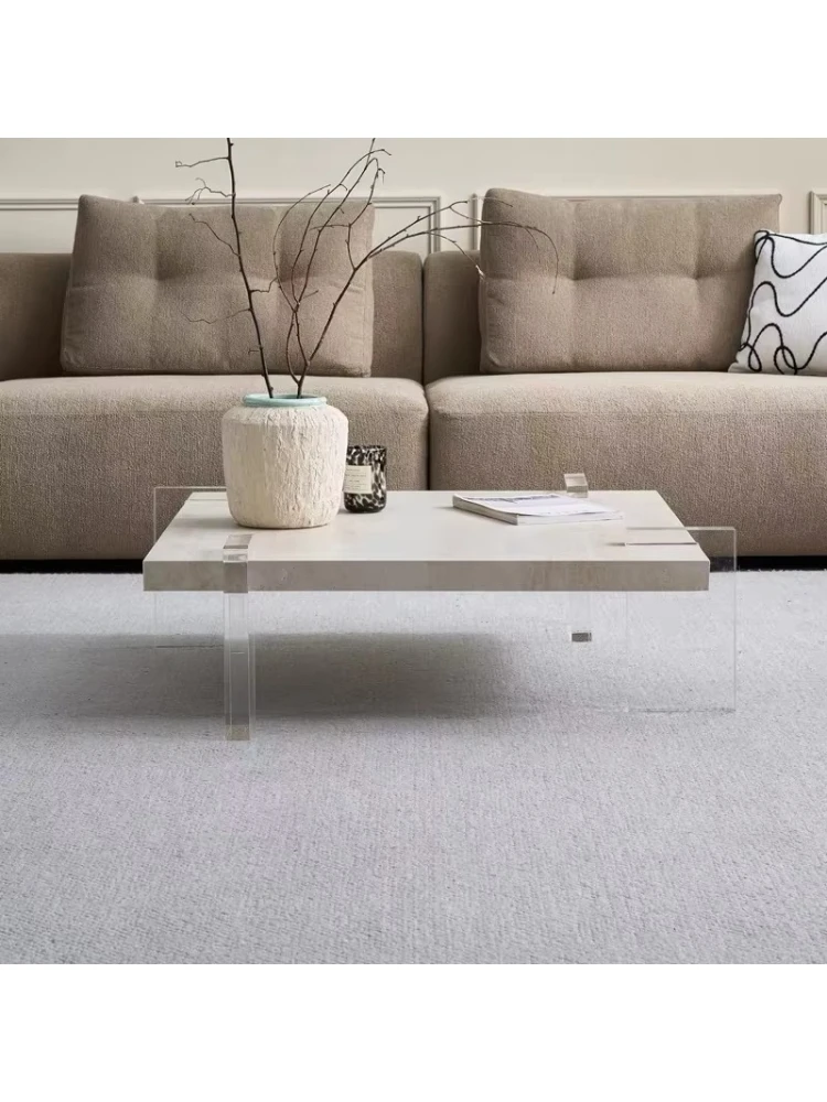Modern simple square coffee table, limestone sintered stone countertop, transparent acrylic legs