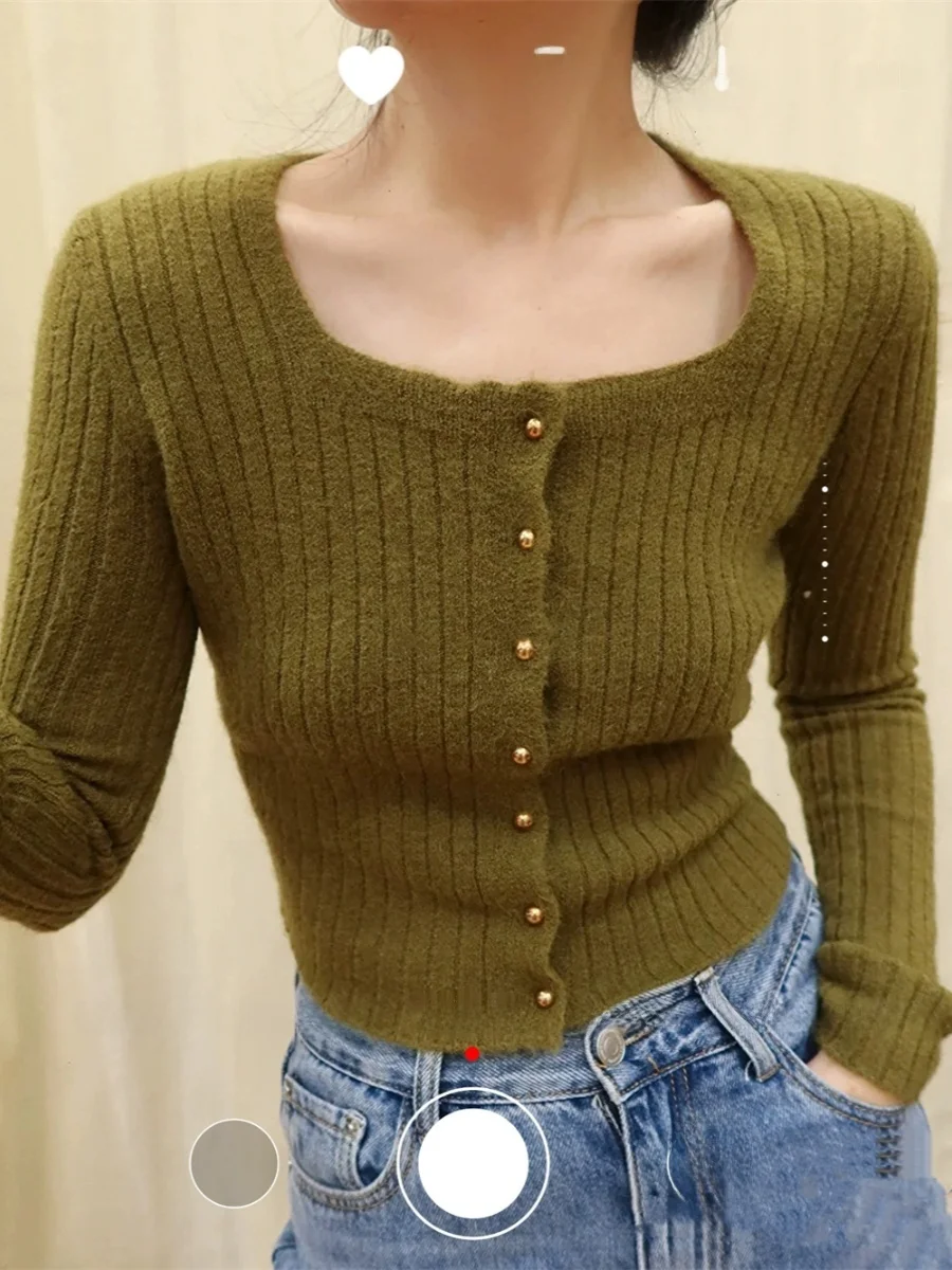 

Thiened ort Knitted Open Cardigan Square Collar Base Layer Sweater Multi Color Pastel Yellow Pearl Button Autumn Faion