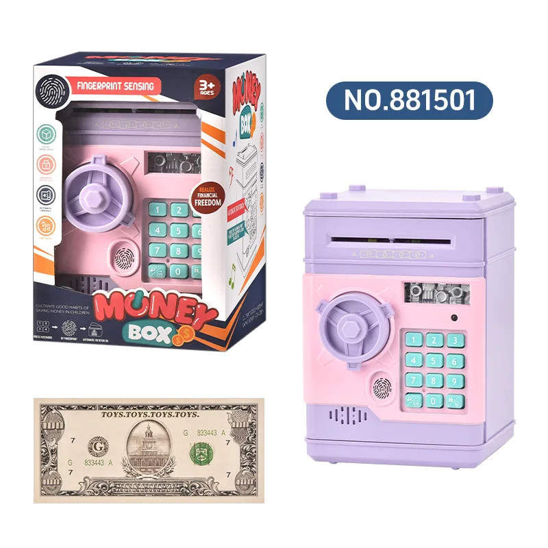 어린이 전기 저장 상자 안전 장난감 지문 암호 듀얼 잠금 해제 ATM 보라색 빛 지폐 감지기 돼지 저금통 아이 선물
