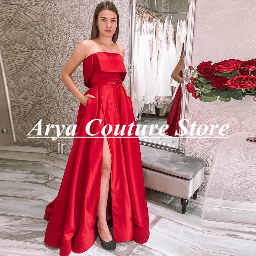 Red Satin Prom Dress Strapless Sleeveless Ruched Crystal Belt A-Line Party Gown High Slit Evening Dress Vestidos De Gala 2024