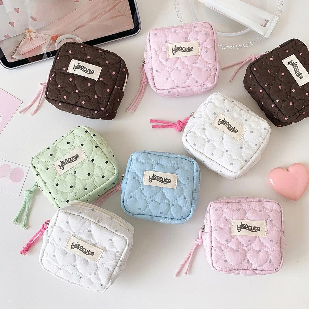 Korean heart-shaped dots Cosmetic Bag Cute Mini Square Makeup Bag Lightweight Lipstick Box Makeup Storage Bag for Daily Use