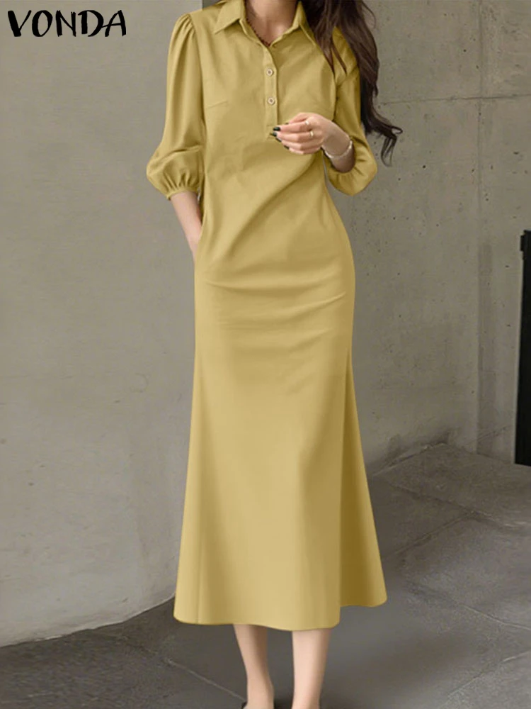 Vintage Dress Plus Size Women Office Lady Long Sundress 2025 VONDA Fashion 3/4 Sleeve Lapel Neck Robe Casual Loose Vestidos 5XL