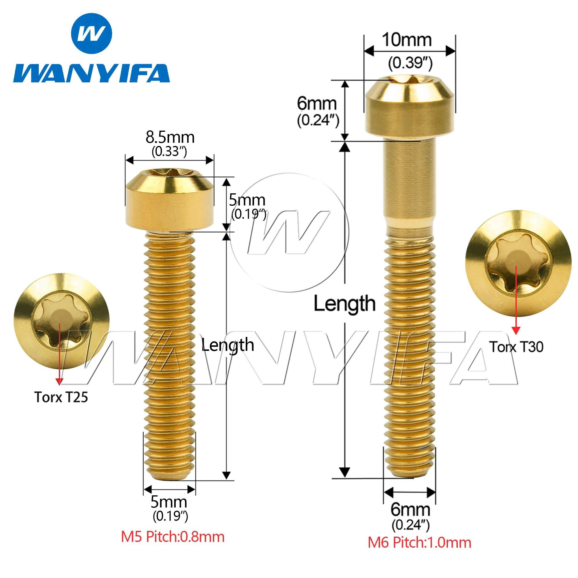 Wanyifa Titanium Bolt M5/M6x10 15 20 25 30 35 40 45 50 55 60 65 70 80mm Chamfered Torx Head Screw for Bicycle Motorcycle