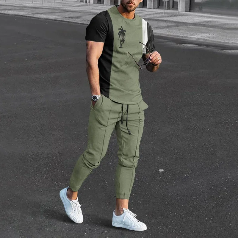 Conjunto de camisetas y pantalones de chándal con estampado 3D de árbol de coco Hawaiano para hombre, camiseta de manga corta de gran tamaño, ropa