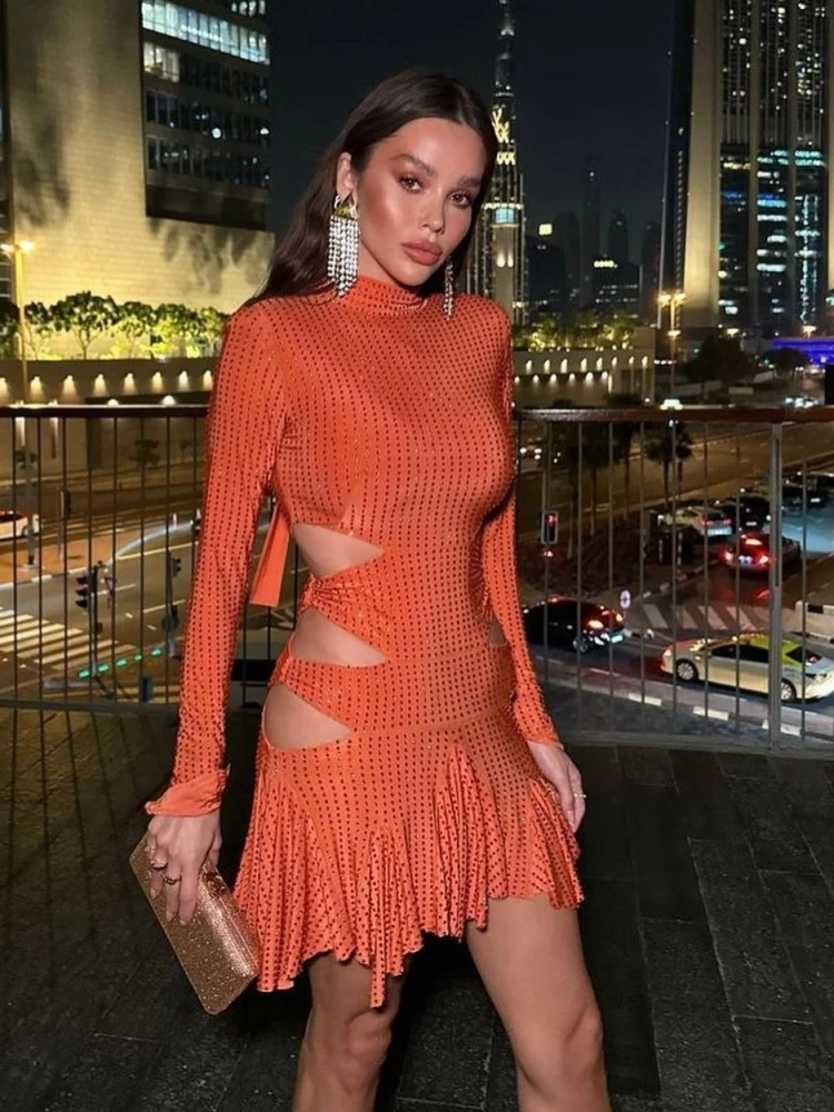 Sexy Long Sleeve Cutout Shiny Diamonds Mini Dress Women Orange O Neck  Lace-up Pleated Slim Dresses Celebrity Party Evening Gown