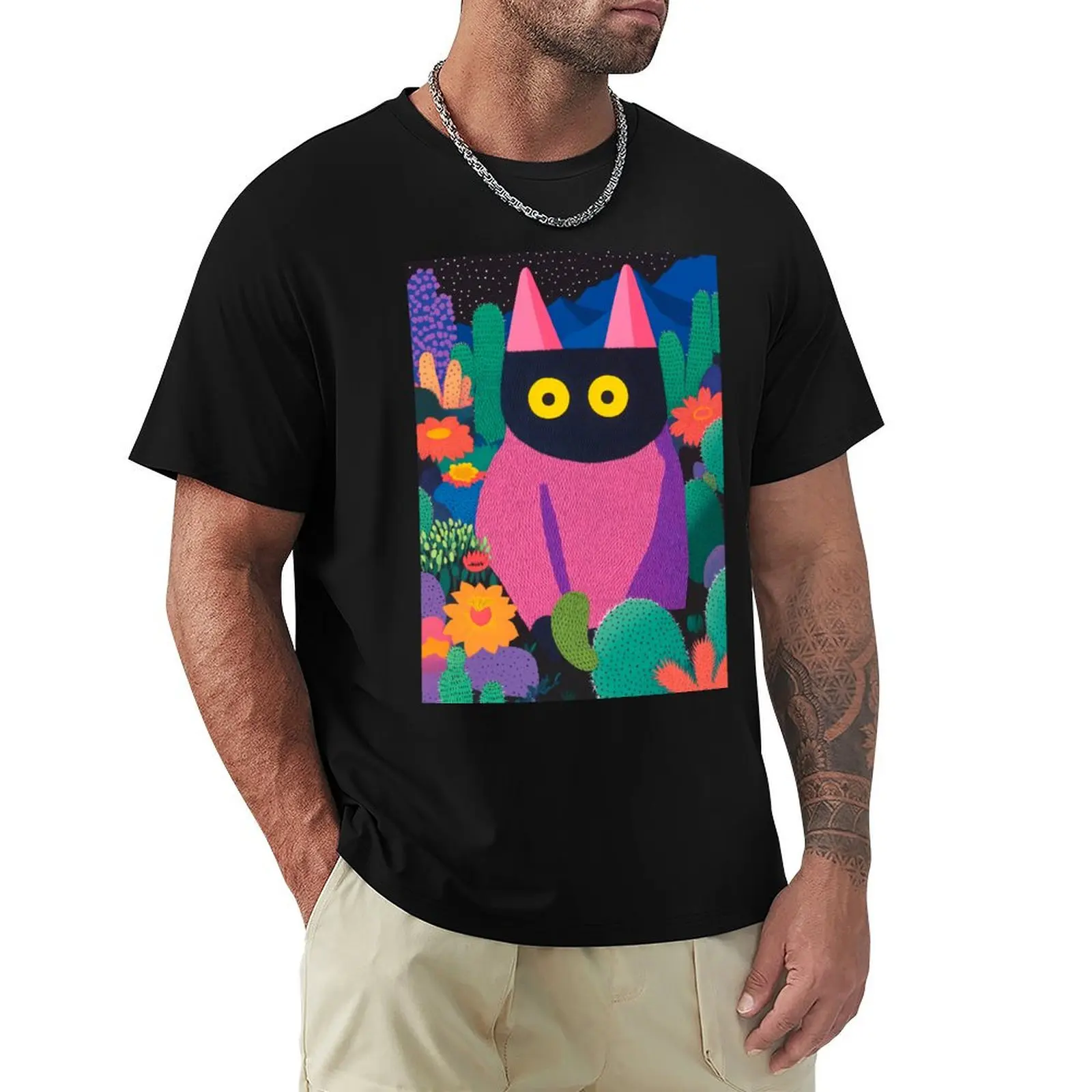 cat hiding among varied colorful cactus T-Shirt Basic Solid Color Casual Tee Shirt