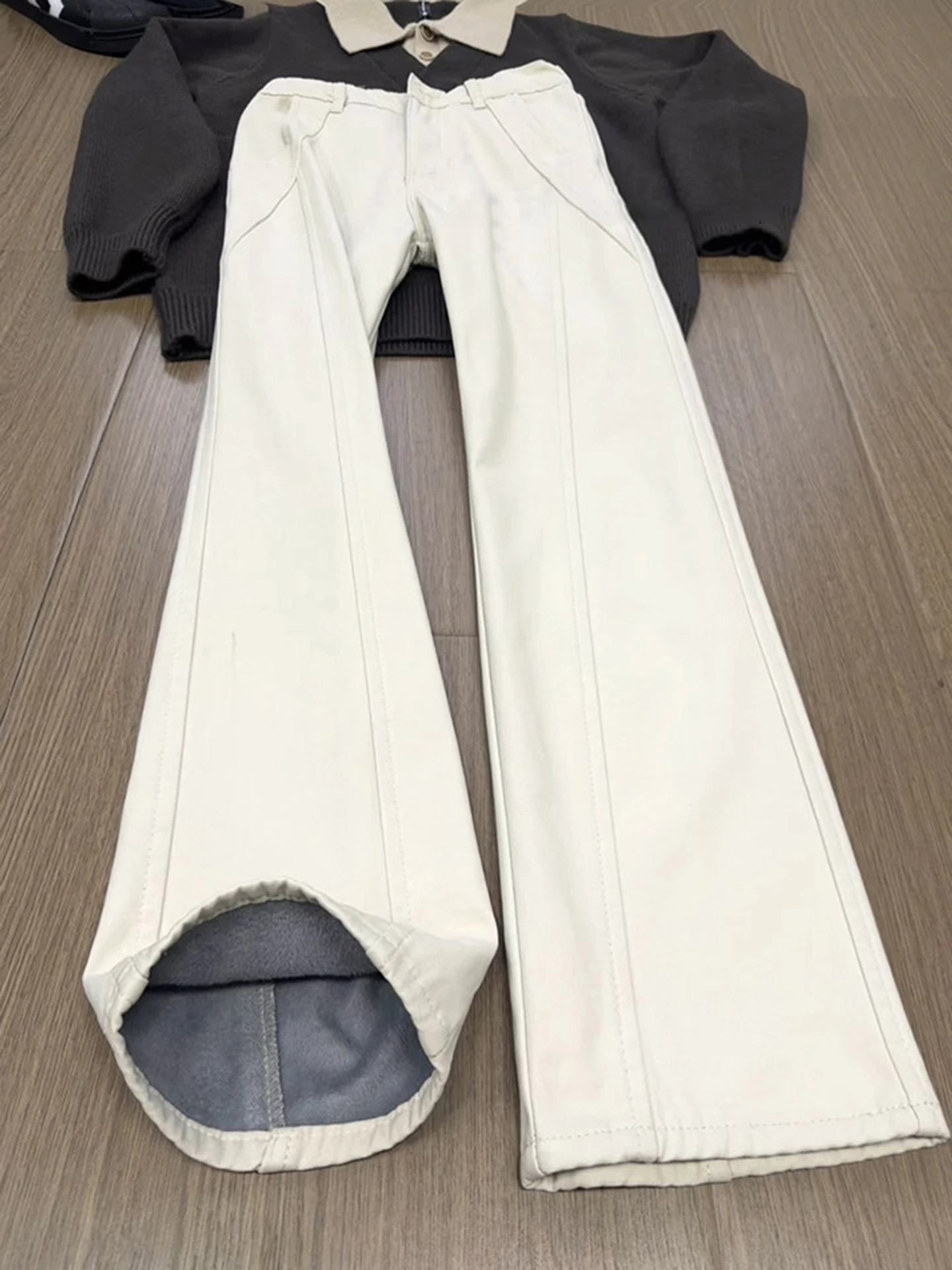 

Pure Cotton Fce Lined Men's Jeans mid Waist Straight Leg Workwear Long Trousers Slimming Bootcut Autumn Winter American Sle