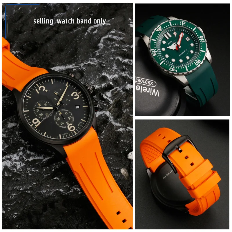 FKM tali jam tangan Fluorine karet untuk Tissot 1853 Starfish Diving Omega Seamaster 300 gelang jam Universal ujung melengkung 20 22m