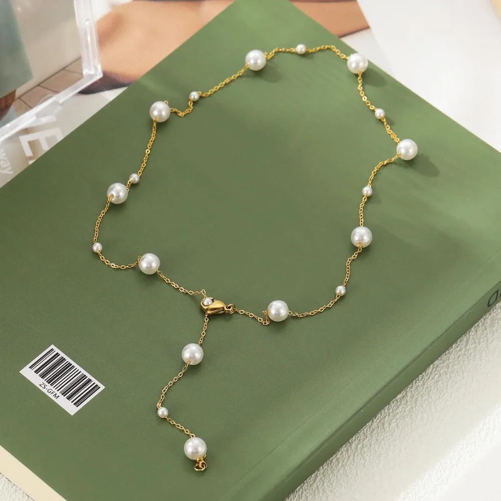 Cute Sweet Gold Color Stainless Steel Big Small Pearl Beaded Pendant Necklace for Women Charm Bride Bracelet Jewelry Colorfast