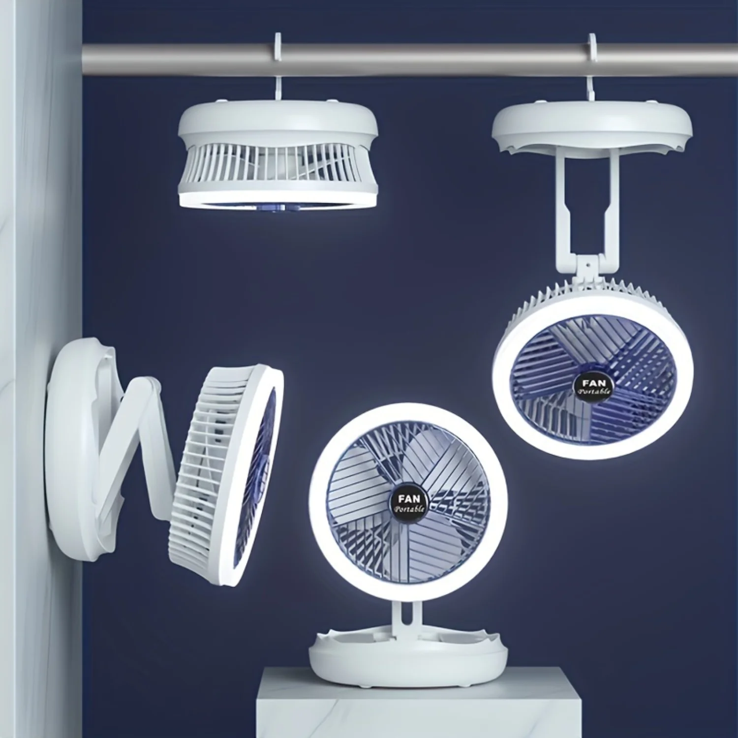 Summer Essential Multi-functional Folding Fan with Night Light, Wall-mounted Rechargeable Hanging Fan