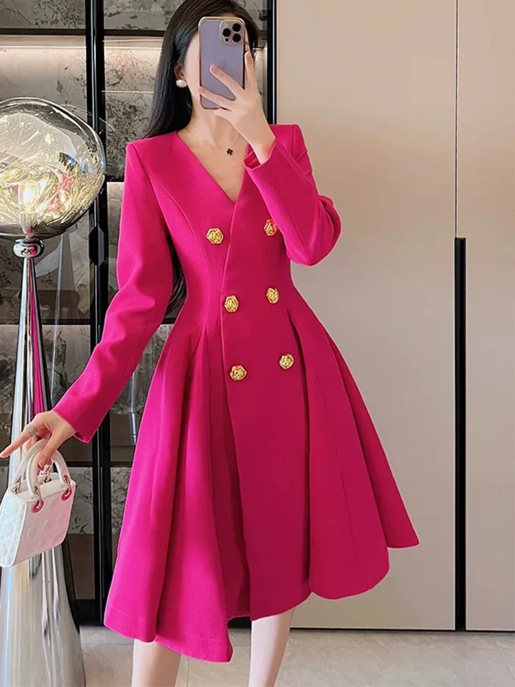 Fashion solid color double-breasted long-sleeved suit dress waist spring and autumn women's new temperament slim A word long ski