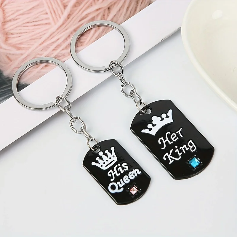 1Pair Her King & His Queen Couple Keychain for Men Women Black Metal Crystal Crown Key Chain Ring Holder Valentine's Day Gifts