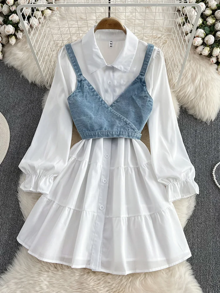 Spring Autumn Cowboy Female Elegant Length Sleeve White Shirt Dress Waistcoat Women\'s Two-Piece Set GD781