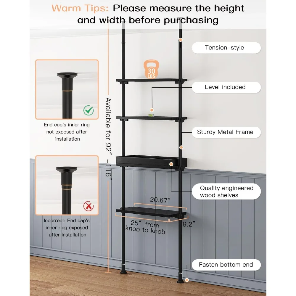 ALLZONE Over The Toilet Storage, 4-Tier Wood Bathroom Shelf Organizer, Adjustable Above Toilet Storage Cabinet, Floor to Ceiling