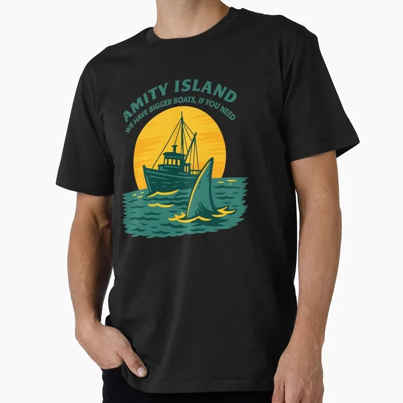 Jaws Movie Unisex T ShirtBigger Boats, Bigger Legends Print Retro Amity Island Great White Shark Horror Film Short Sleeve Tees