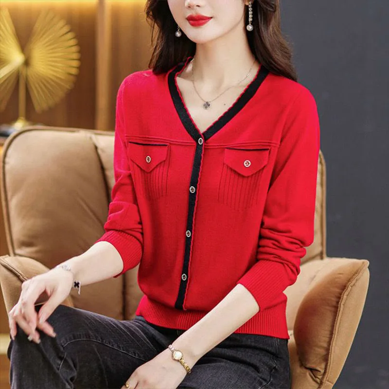 Odzież damska Elegancka moda Dekolt w szpic Kardigan z długim rękawem Jesień Zima Casual All-match Mock Pocket Patchwork Swetry Płaszcze