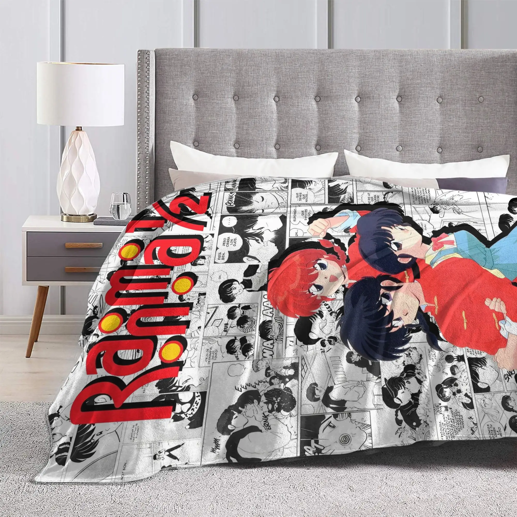 Manga Ranma 1⁄2 Flannel Throw Blankets Adventure Martial Comedy Blankets for Bed Bedroom Super Warm Plush Thin Quilt