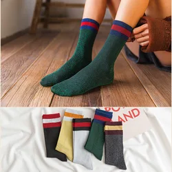 Fashion Shiny Glitter Striped Women Socks Trendy Rocks Roll Sparkled Bright Color Cute Kawaii Winter Warm Funny Socks Streetwear