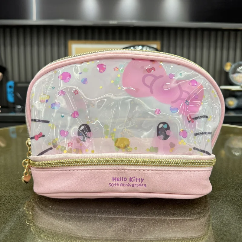 Sanrio Hello Kitty Cosmetic Bag Cartoon Student Pencil Case Large Capacity Double Layer Pen Box Women Beauty Tools Storage Pouch