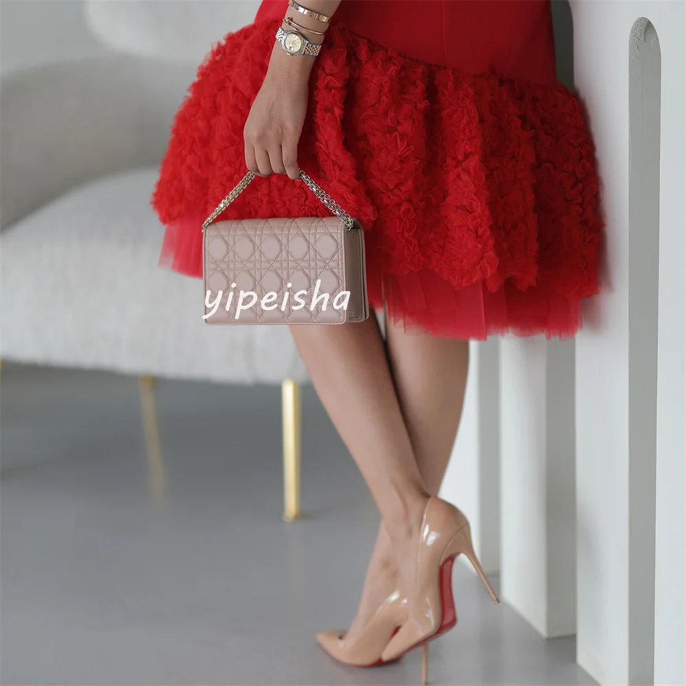 Customized Fashion Casual Jersey Tiered Button Pleat A-line Square Neck Knee Length Dresses Evening Dresses Sizes Available Matc