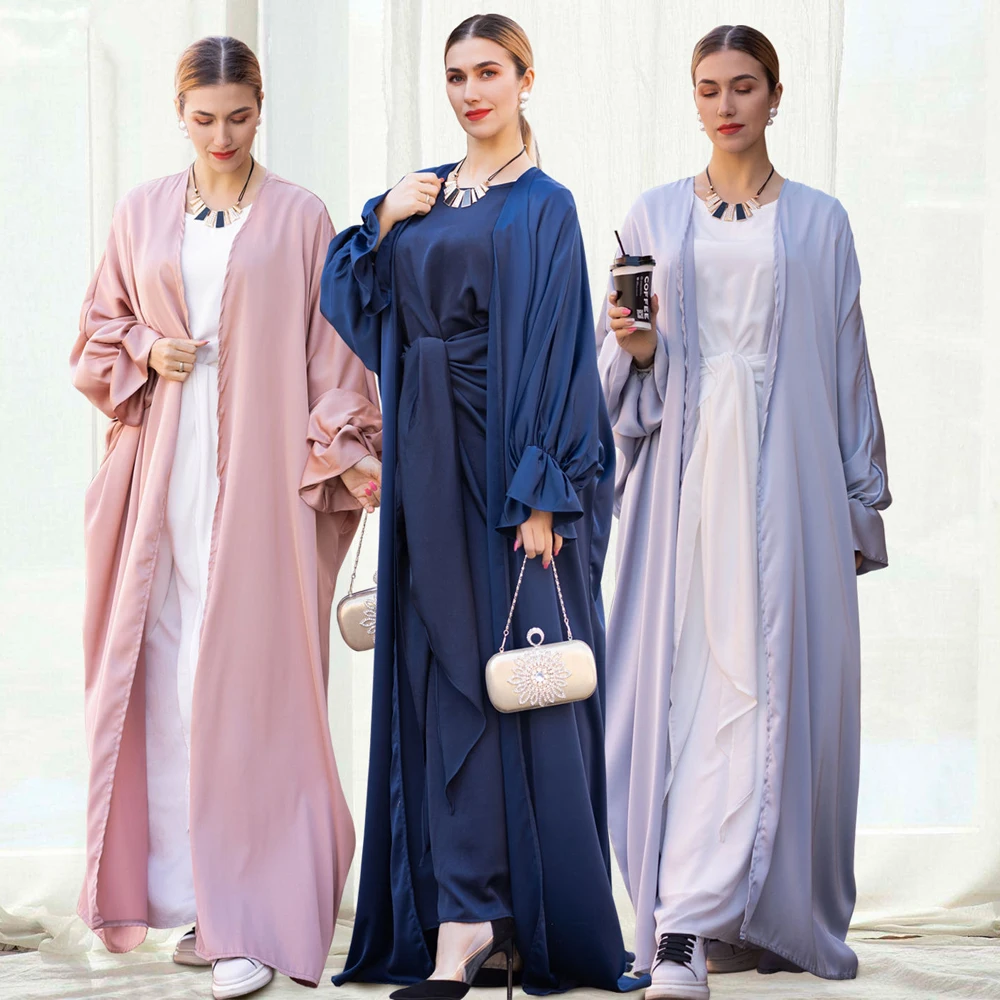 

Eid Mubarak Ramadan Open Abaya Dubai Kimono Cardigan Muslim Women Satin Dress Turkey Islam Kaftan Abayas Caftan Musulmane Robe