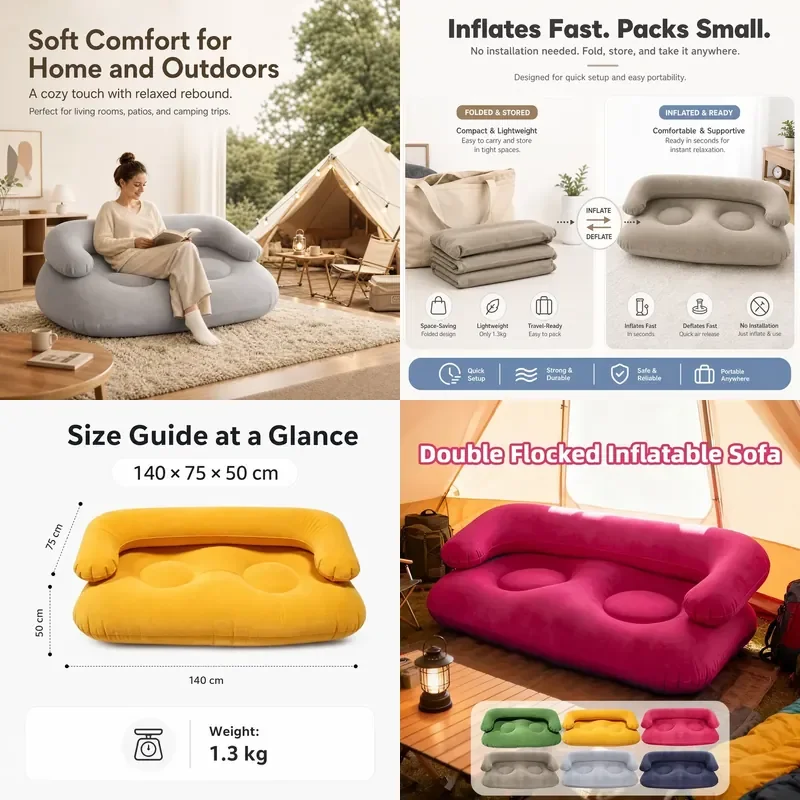 Inflatable Double Sofa 2 Person Air Couch Thickened PVC Flocking Portable Foldable Lazy Sofa Waterproof Inflatable Lounger