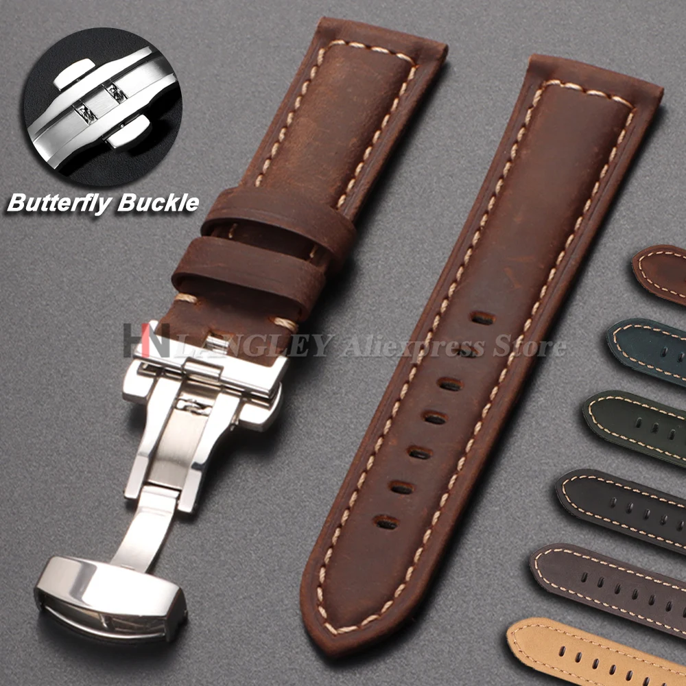 Kalbsleder-Armband für Omega Business-Armband, 20 mm, 22 mm, 24 mm, 26 mm, Crazy Horse, echtes Leder, Schmetterlingsschnalle, Nahtband