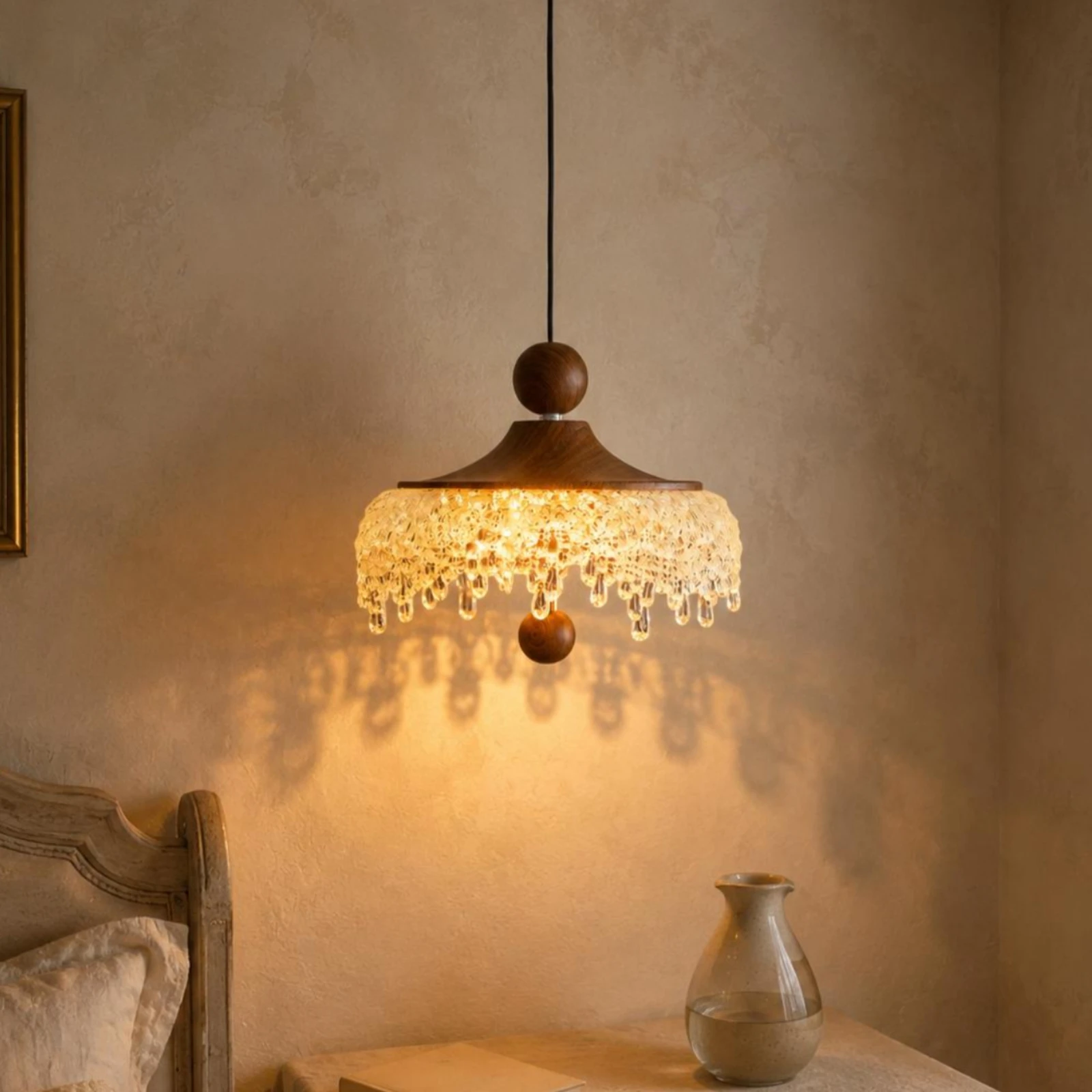 Ice-Drop Hanging Light Lamp Wood Grain Hanging Crystal Light Crystal Hanging Light Light Walnut Brown Indoor Lighting Textured