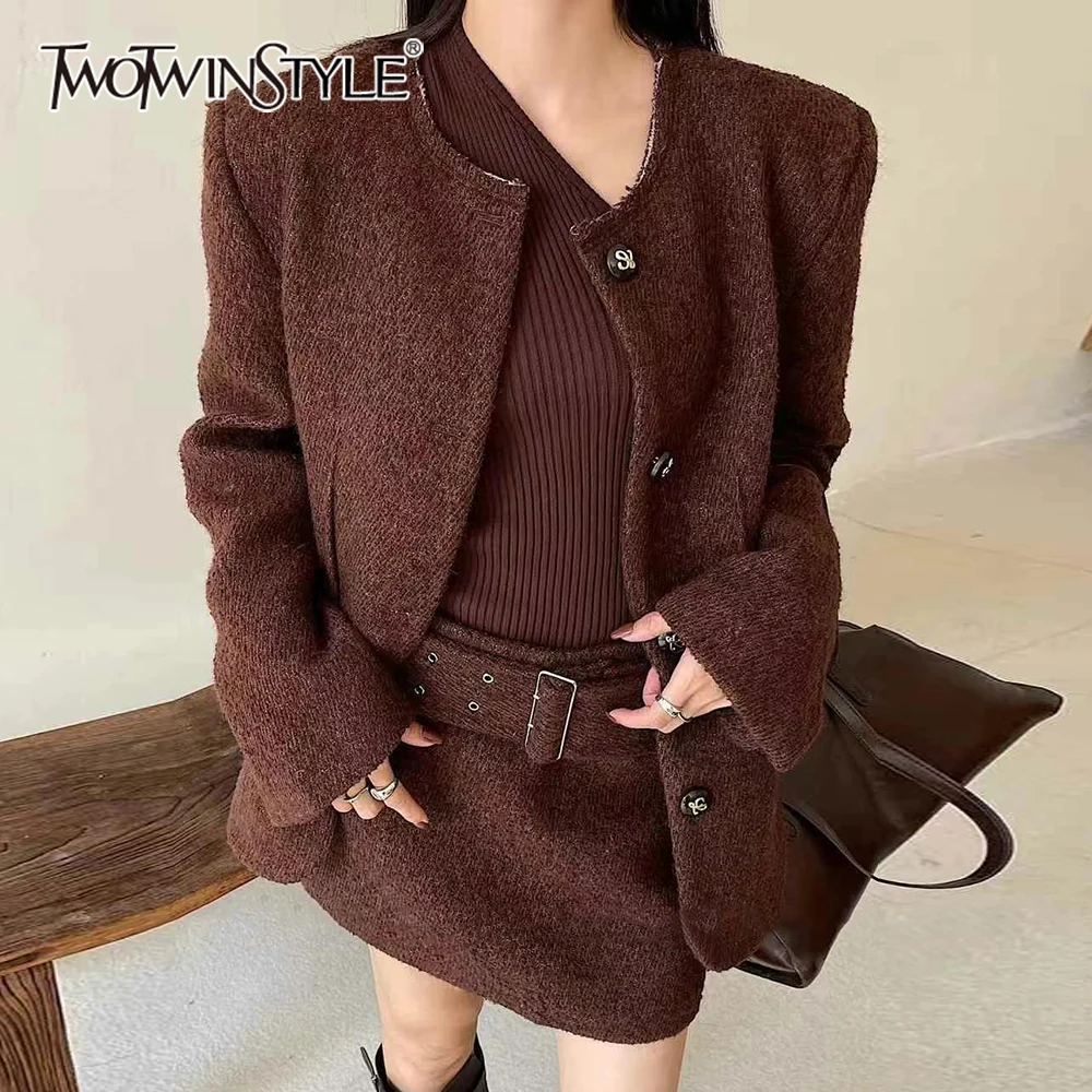 TWOTWINSTYLE Chic Two Piece Sets For Women Round Neck Long Sleeve Coat High Waist Spliced Belt Mini Skirt Casual Set Female New