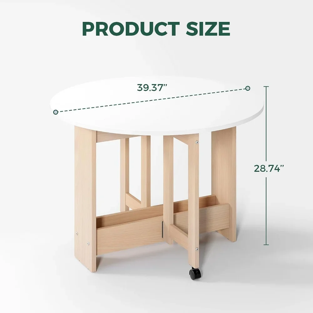 Round Drop-Leaf Folding Dining Table, Multifunctional Convertible pace Saving Extendable Table with Storage Box and Wheels