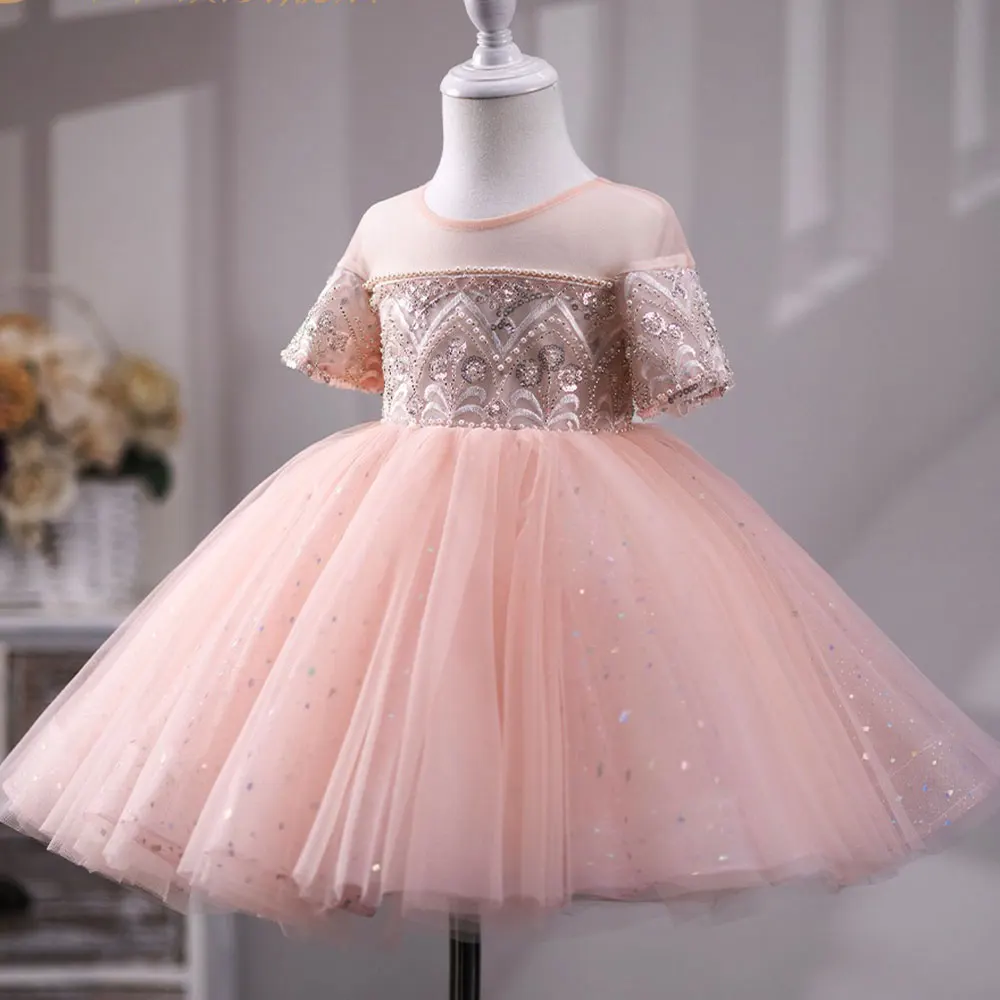 Jill Wish Luxury Dubai Coral Girl Dress perle perline Princess Baby Kids Wedding Birthday Party Prom Gown santa comunione J231