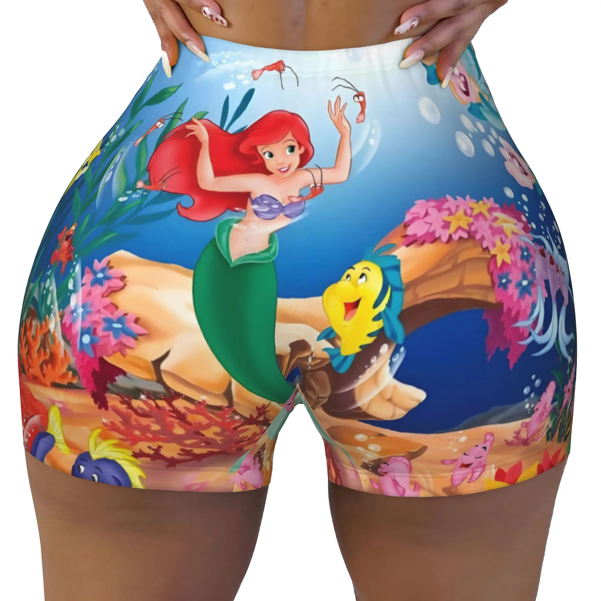 Custom Littles Anime Mermaides Gym Volleyball Biker Shorts Women's Fish Manga Workout Yoga Shorts