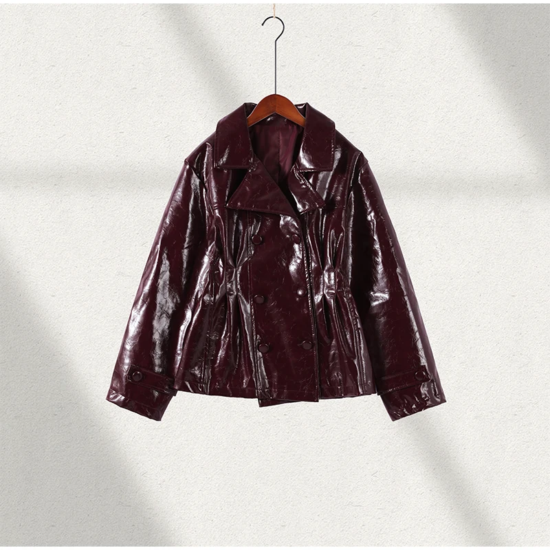 Solid PU Leather Women's Jacket Mini Skirt Set Lapel Neck Full Sleeve Double Breasted Coat Suit 2025 Autumn Stylish Edgy Outfit