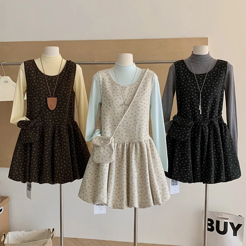 

Sweet Girl Bub Dress Women Two-piece Mini Dress Autumn Winter Printed Casual Dresses with Bag Fashion Side Zip up Short Dress