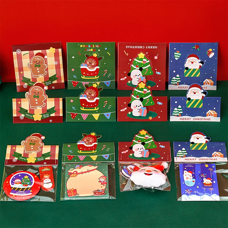 10 Uds. De cartón plegable de Navidad, bonito dibujo de Papá Noel, árbol de Navidad, hombre de jengibre, tarjeta, regalos de papel, Material de embalaje