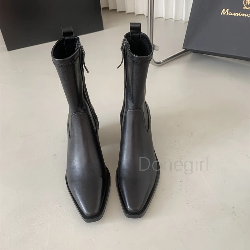 Winter Fashion Women goth boots Genuine Leather Pointed Head Zippers Short Boots Solid Simple Shoes Female Chic elastic boots