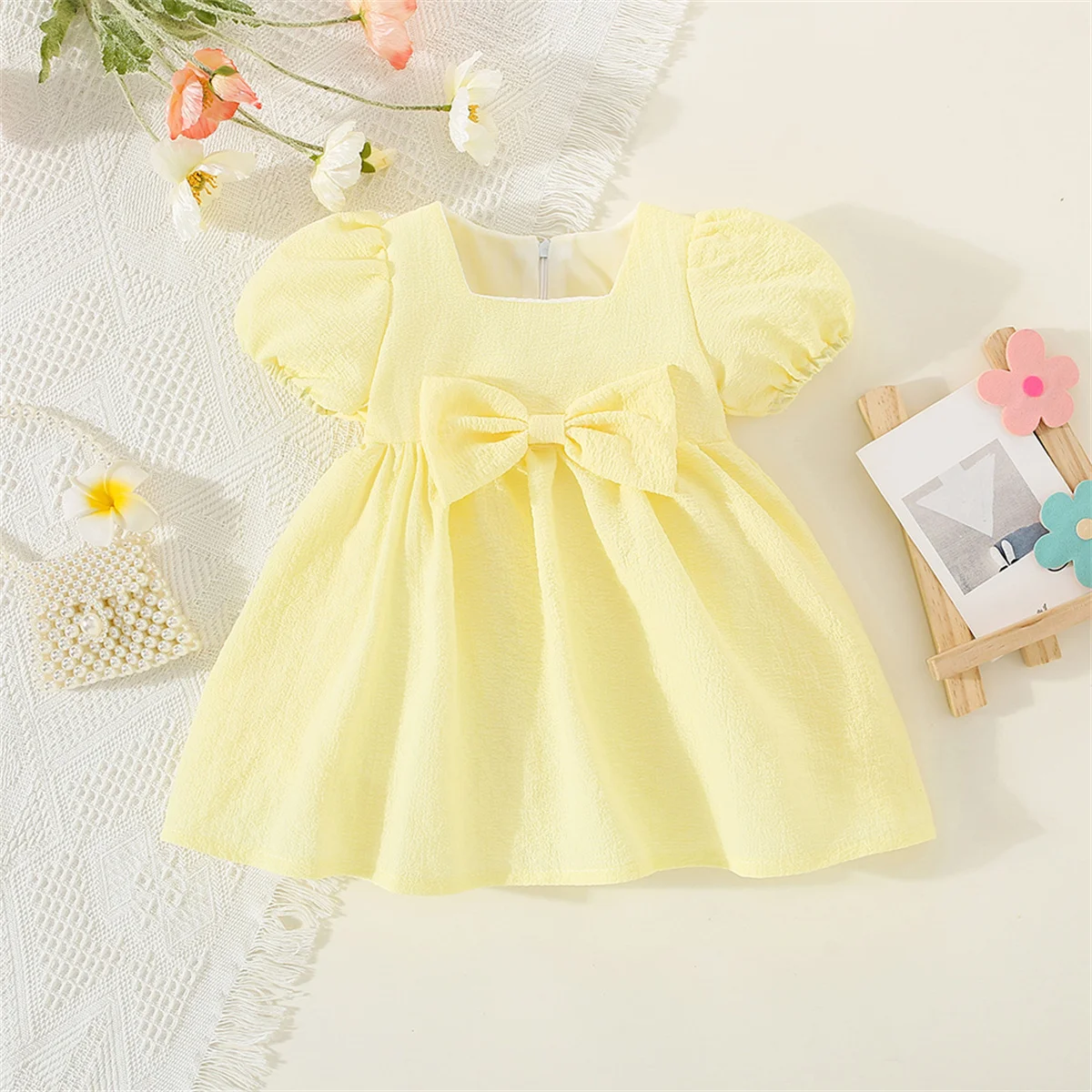 Summer Baby Girl\'S Dress Solid Color Round Neck Bow For Ladies Daily Wear Knee Length