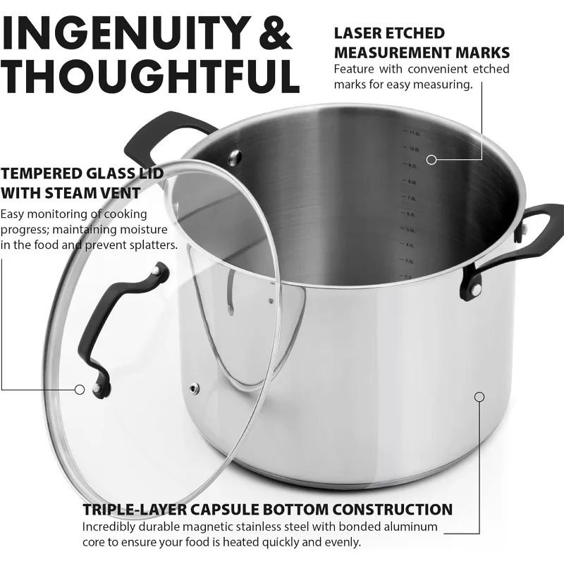 Tri-Ply Stainless Stock Pot Induction Cookware 12 QT Capsule Bottom Stainless Steel Pot, Marquina Black Metal Handles