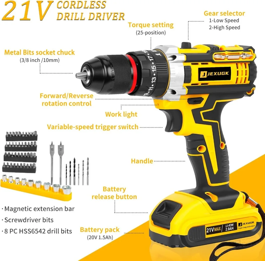 Multifuncional sem fio Drill Set, Kit Início Belt, Drill Driver, 21V, é seguro e durável, 245 pcs