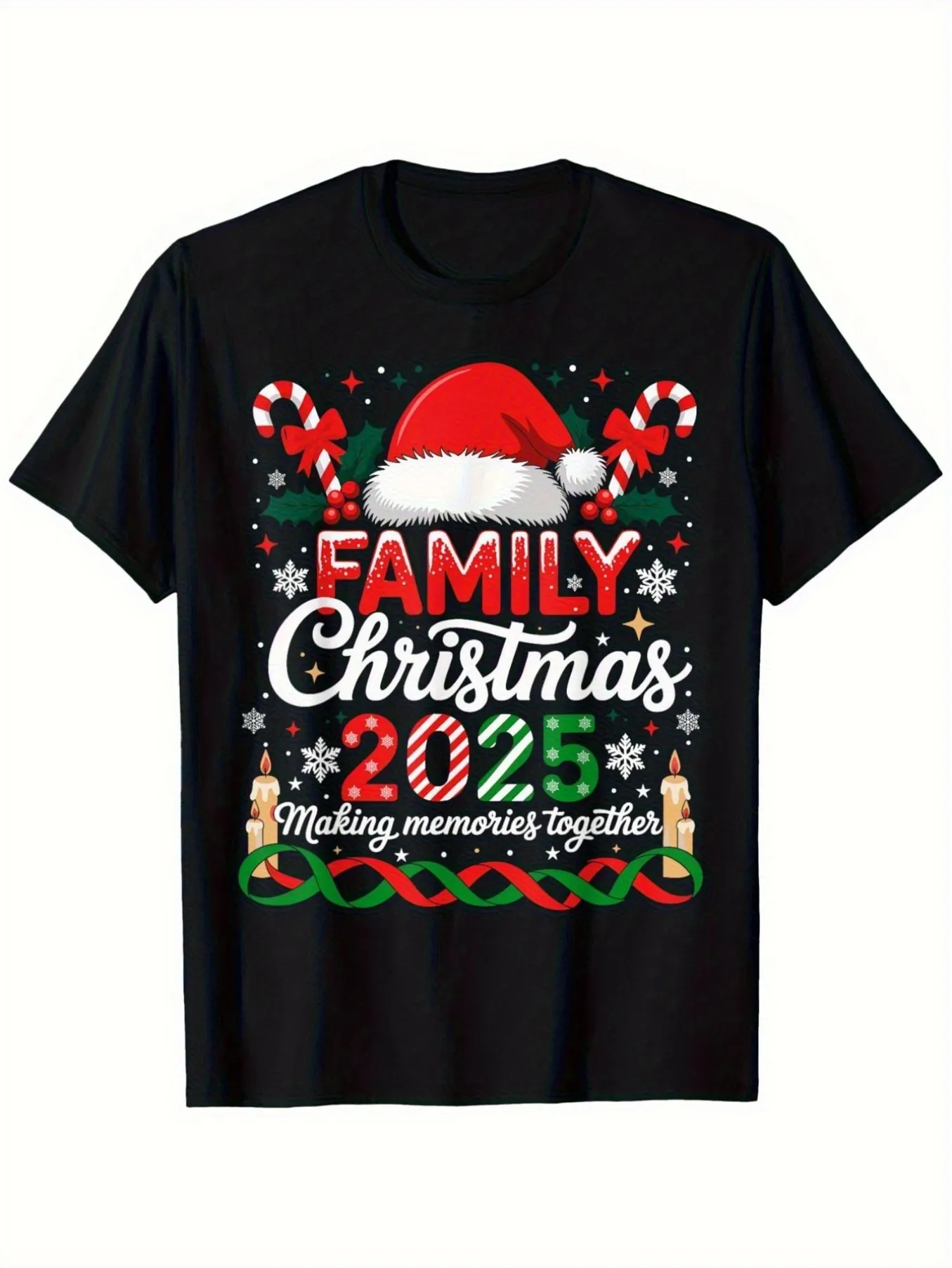

2025 Family Christmas T-Shirt - Men's and Women's 100% Cotton Crew Neck T-Shirt, with Festive Christmas Hat and Snowflake Print in Red and Green Holiday Design, Casual