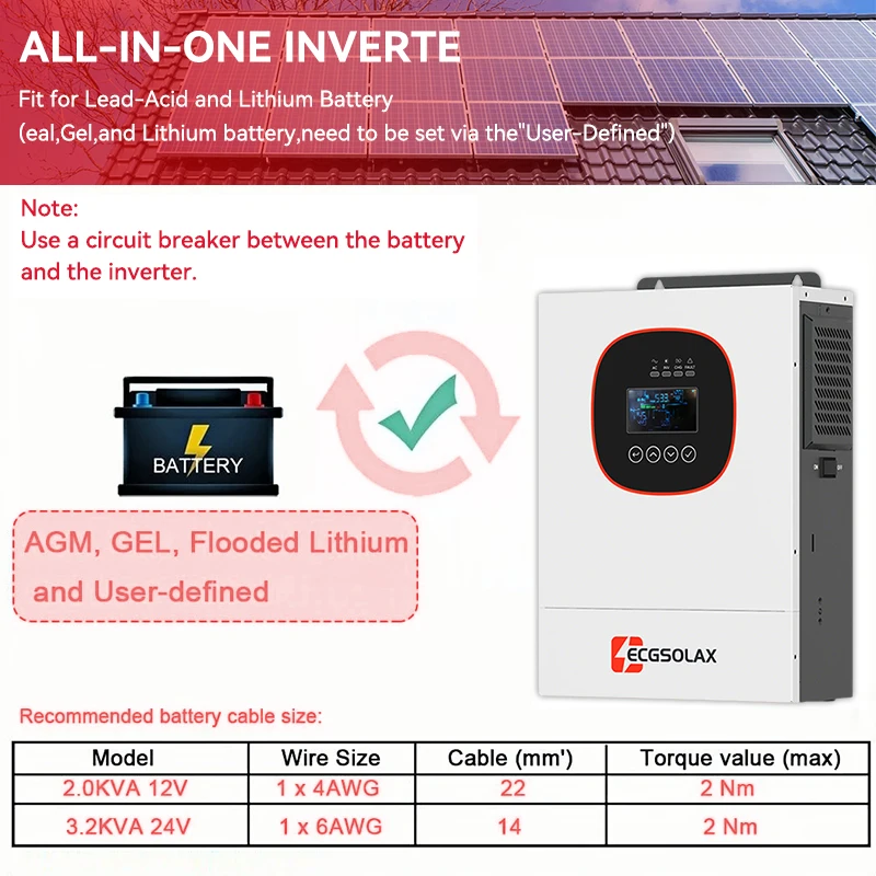ECGSOLAX 1.2KW Hybrid Solar Inverter 12V Off-grid Solar Hybrid Inverter With 50A MPPT Charge Controller PV Max 450V