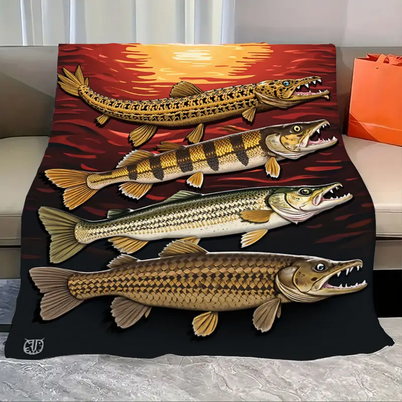 

1 шт. фланелевое одеяло «Кодеяло с принтом «Гладная рыба» — яркая сцена заката для уютных ночей»