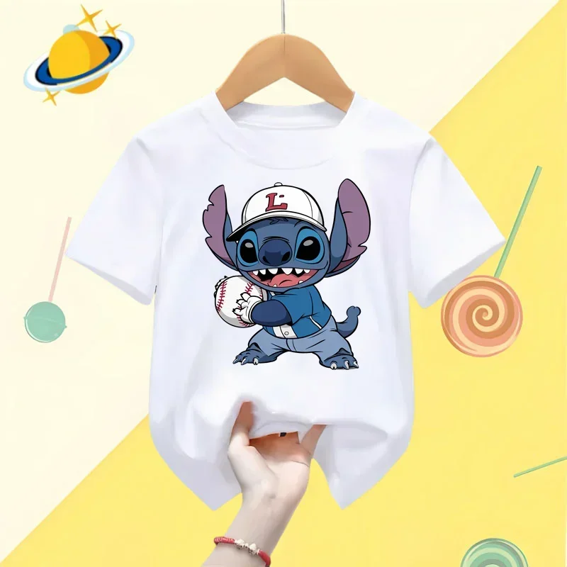 2024 Disney Stitch Kids T-shirt Lively sports boys girls round neck short sleeve street fashion casual shirt Kawaii clothing top