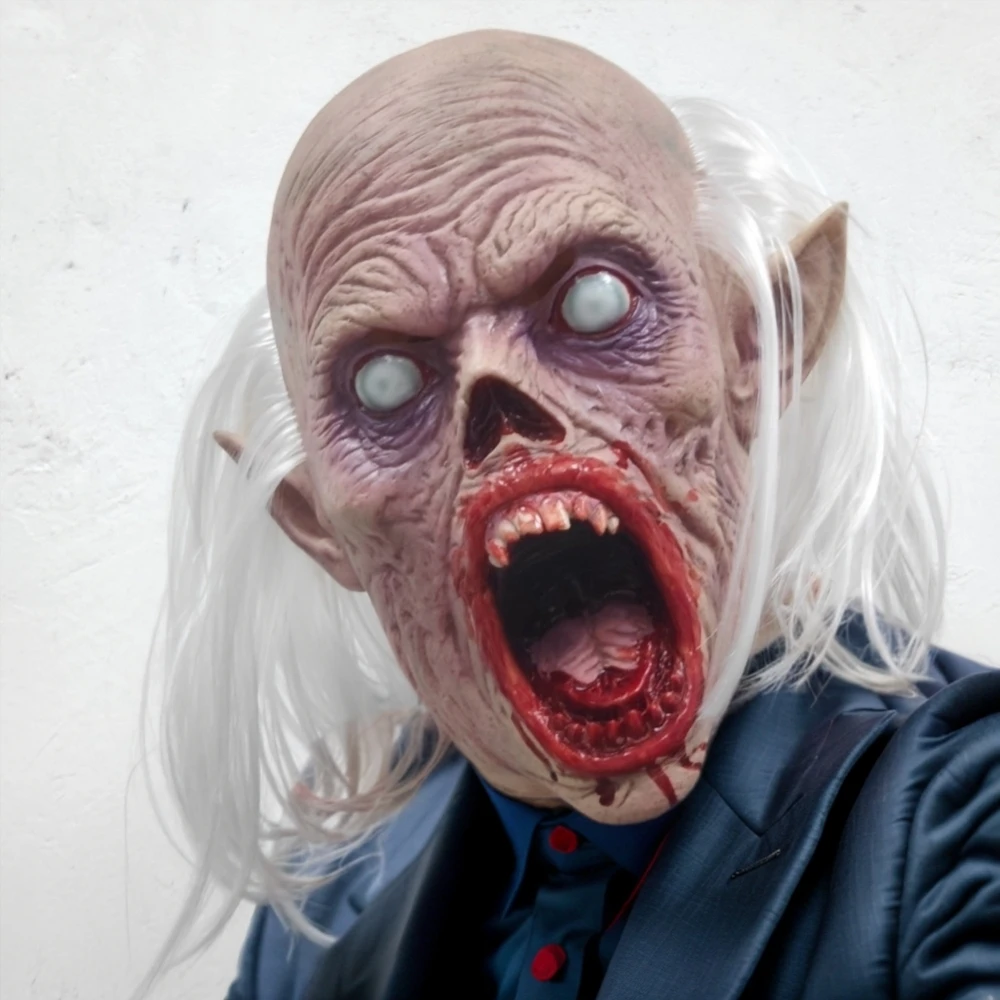 White Hair Dead Zombie Bald Head Halloween Costume Rubber Face Mask Bloody Vampire Screams for Adults