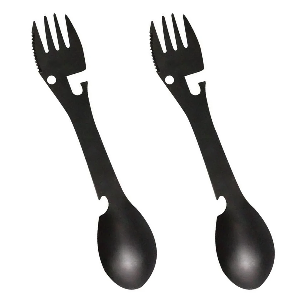 

2pcs Multifunctional Tableware Portable Stainless Steel Outdoor Cutlery For Camping Hiking Bbq Travel Spoon Fork Bottle Opener