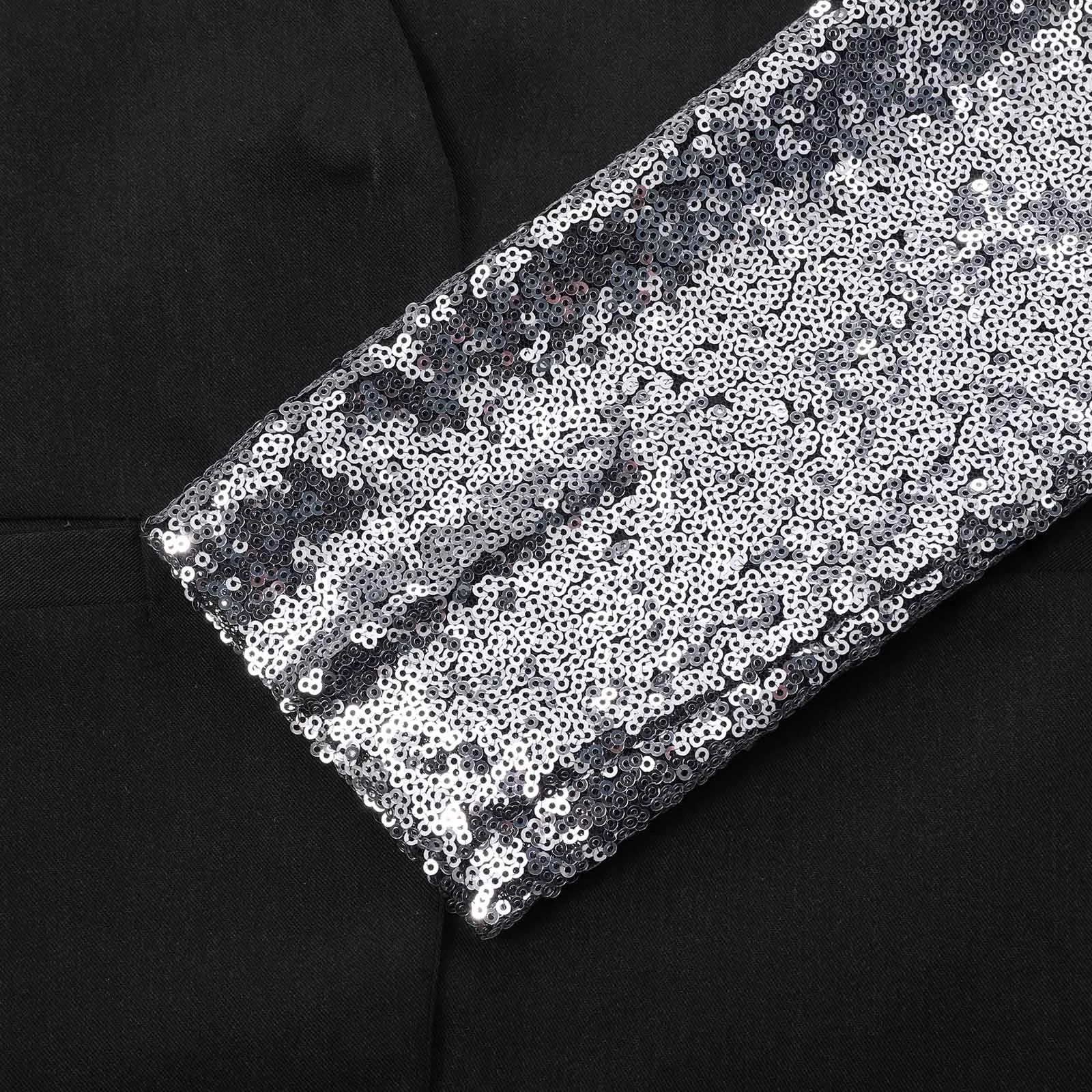 Fashion Women Black Blazer Silver Gray Gradient Sequins Stitching Lapel Slim Gradient Sequin Patchwork Long Sleeve Jacket Party